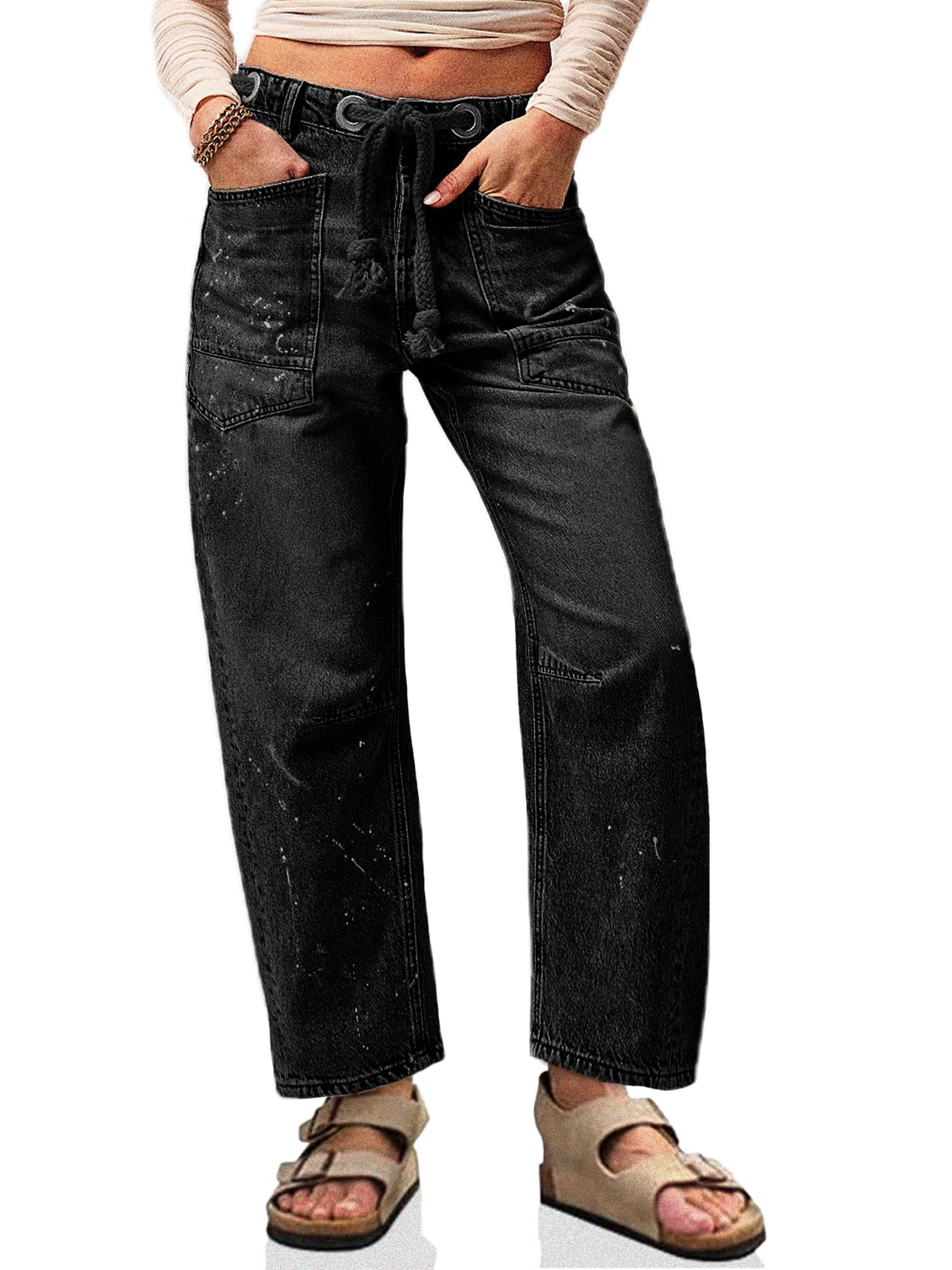 Womens Baggy Barrel Horseshoe Jeans Wide Leg Drawstring Vintage Denim Pants with Front Pockets