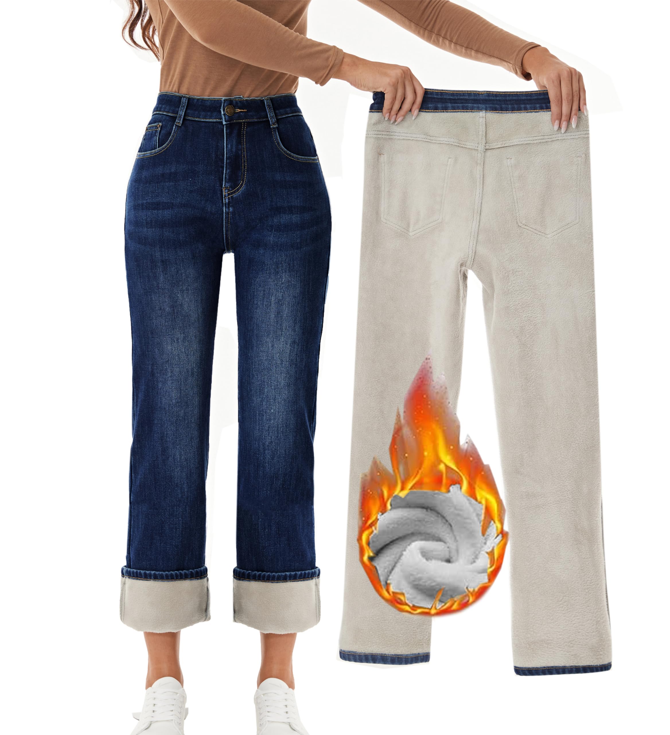 Women's Fleece Lined Jeans Straight Leg Wide Jeans Winter Sherpa Flannel Lined Thermal Denim Pants