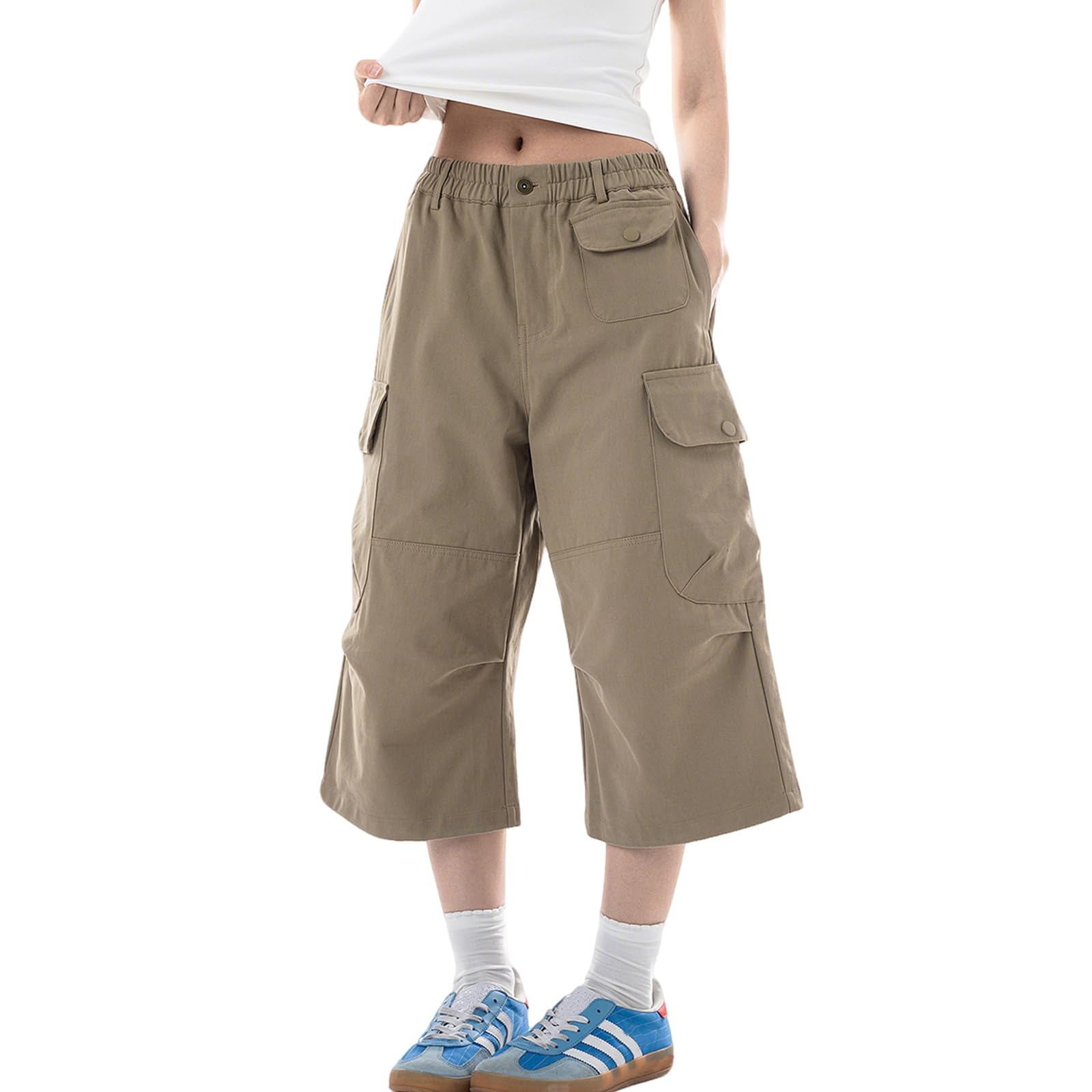 Baggy Cargo Pants for Women Casual Summer High Waisted Wide Leg Cropped Pants Capri Shorts with Pockets
