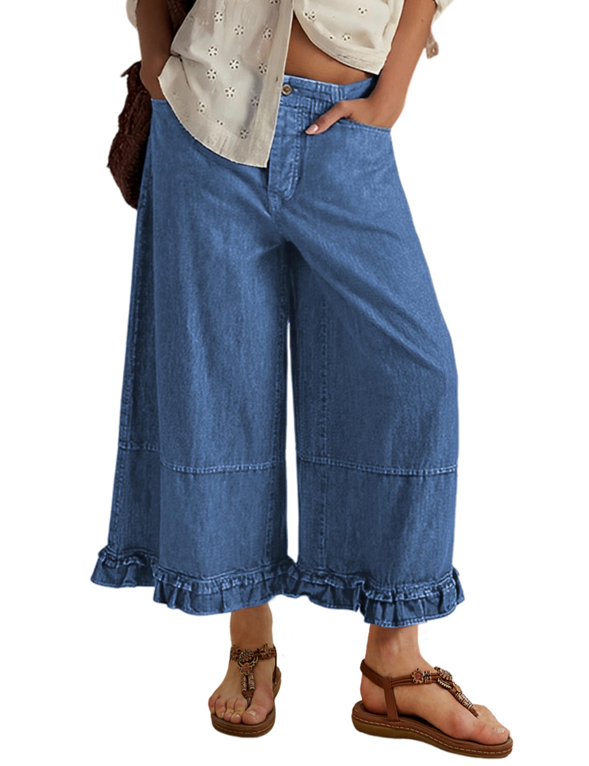 Womens Ruffle Hem Wide Leg Jeans Mid Rise Baggy Cropped Denim Pants with Pockets