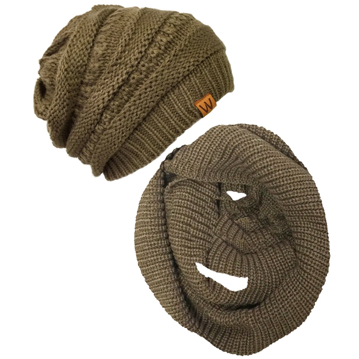 Two-piece winter warm-up knitted infinity scarf and brimless hat