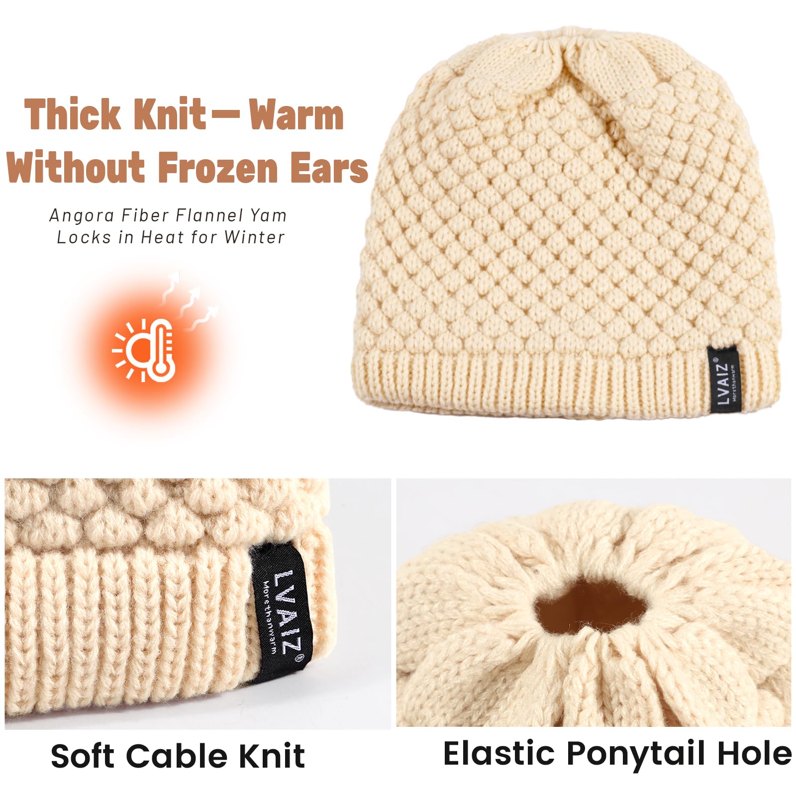 Hat with satin lining, ponytail, brimless hat, knitted winter hat, women's high messy round bun hat with ponytail hole, warm skullcap