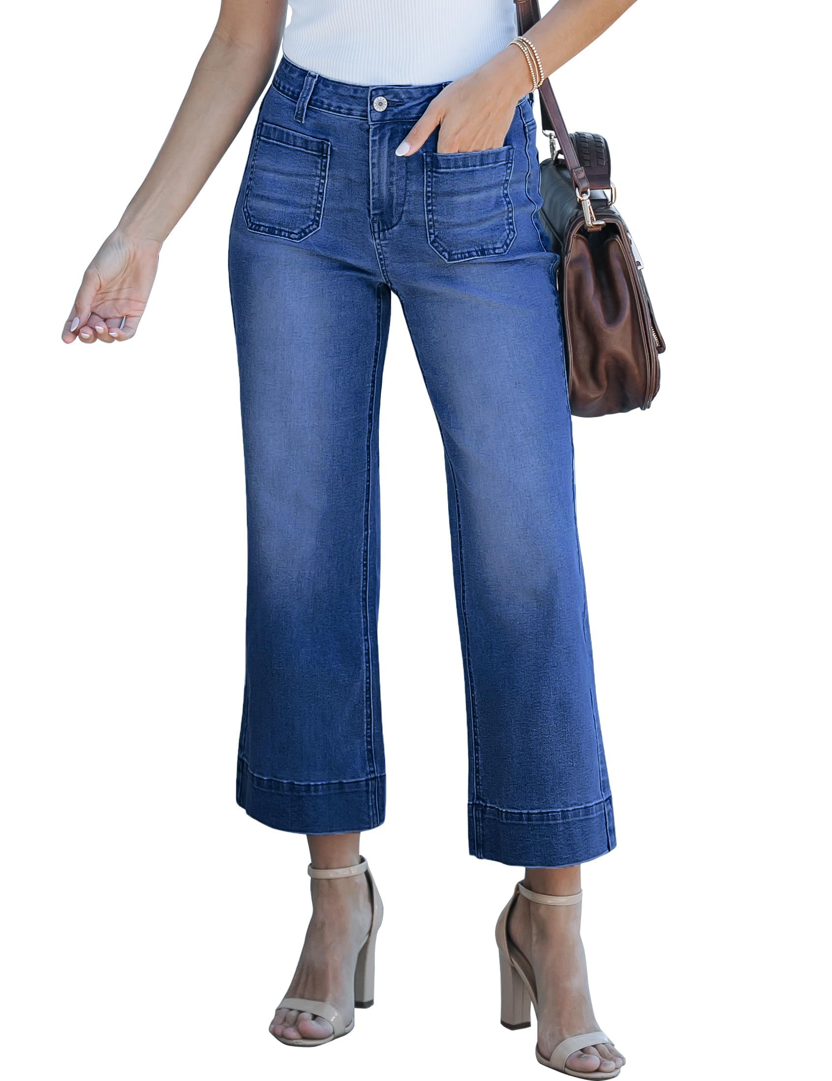 Wide Leg Jeans for Women Mid Waisted Straight Leg Stretchy Cropped Denim Pants with Patch Pockets Jeans
