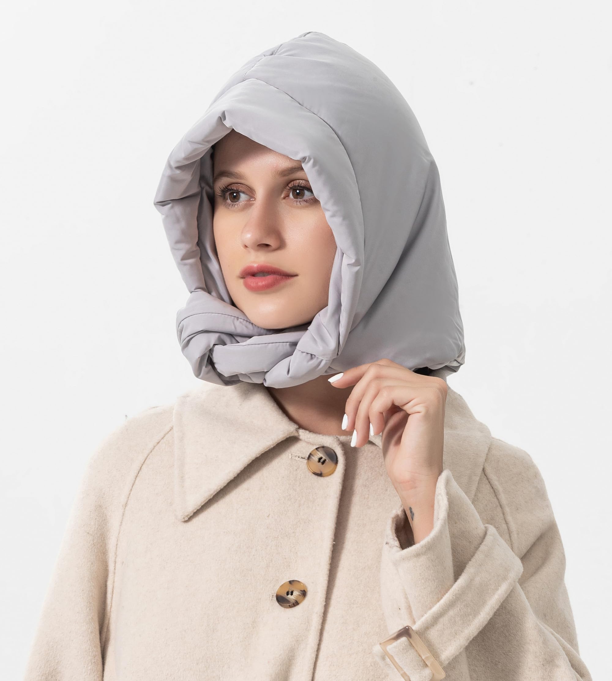 Women's winter down hat with windproof hood and soft warm scarf Balakrava skull cap without brim