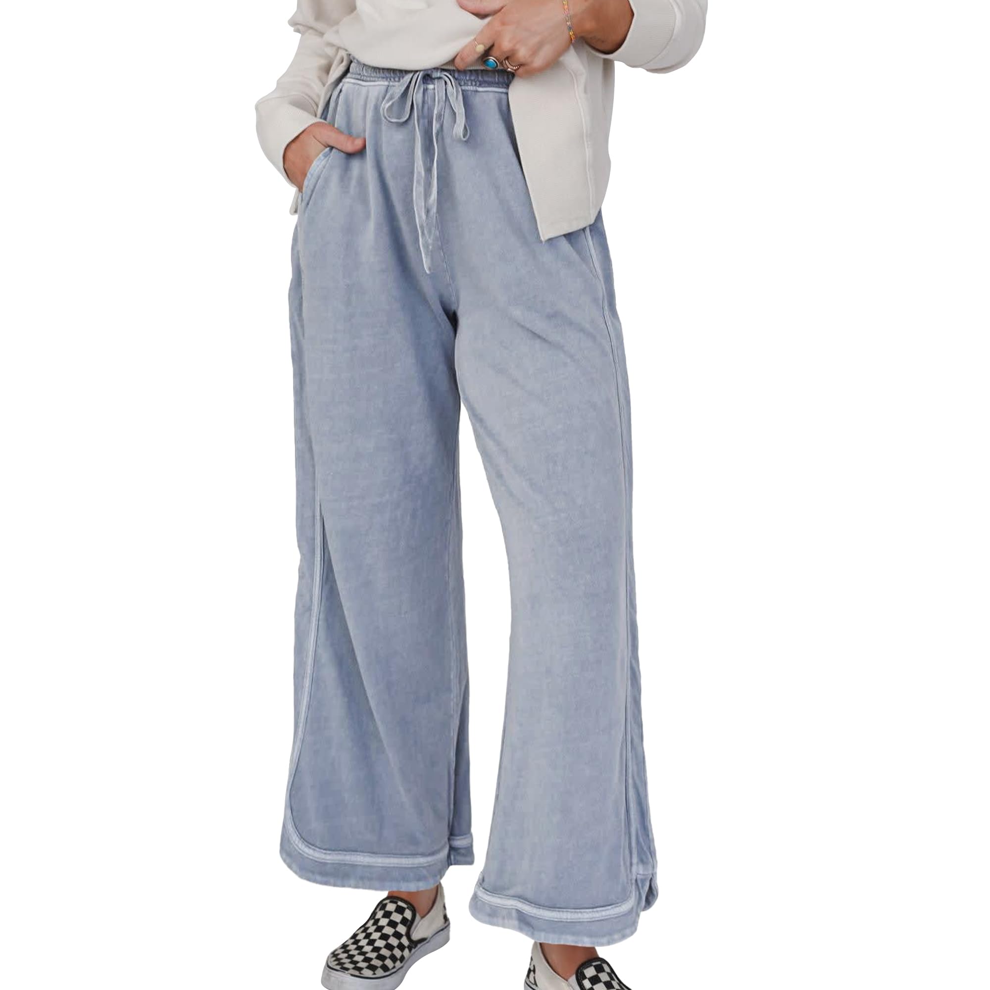 Women's Casual Wide Leg Pants High Waist Acid Wash Baggy Palazzo Pants Athletic Lounge Trousers with Pockets