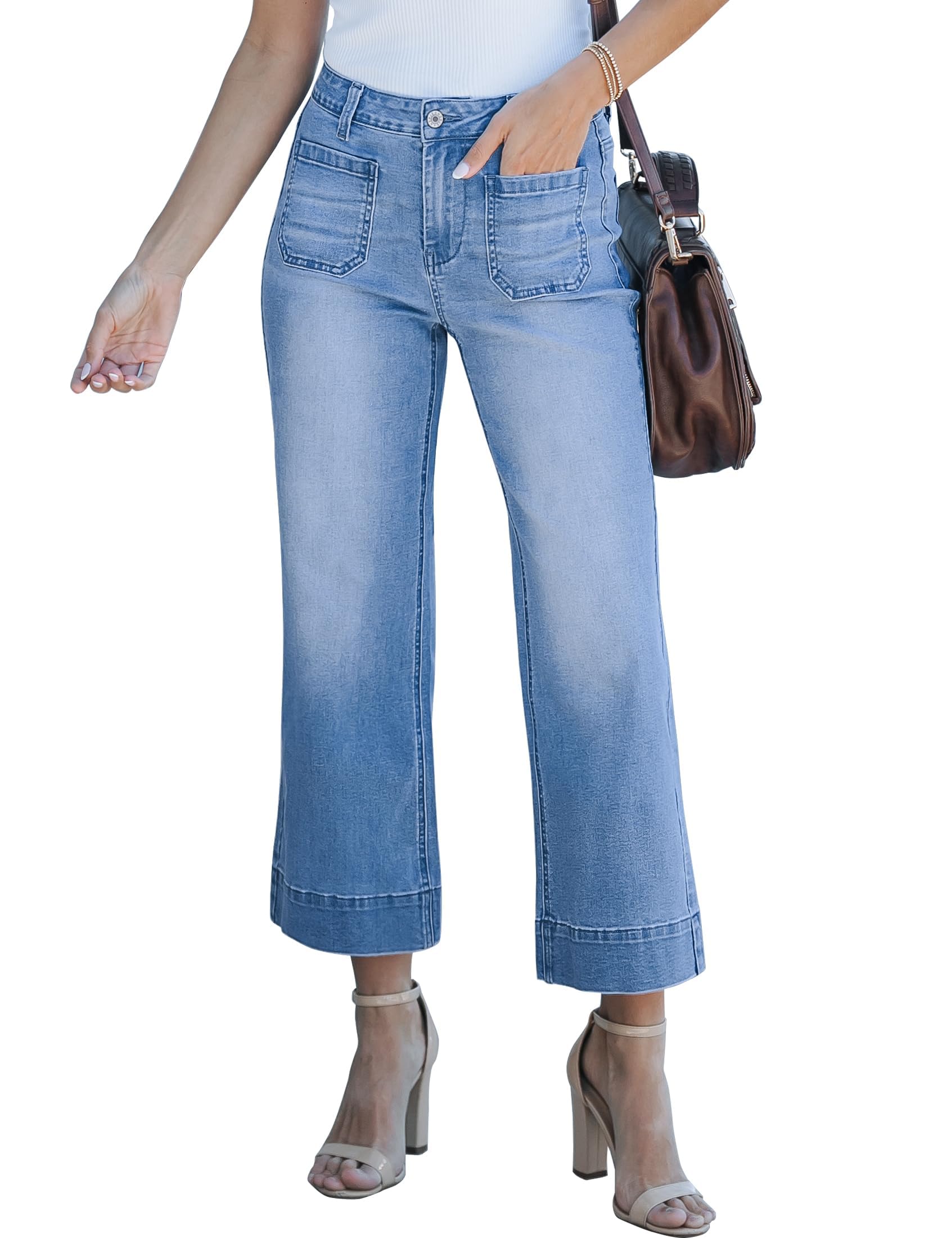 Wide Leg Jeans for Women Mid Waisted Straight Leg Stretchy Cropped Denim Pants with Patch Pockets Jeans