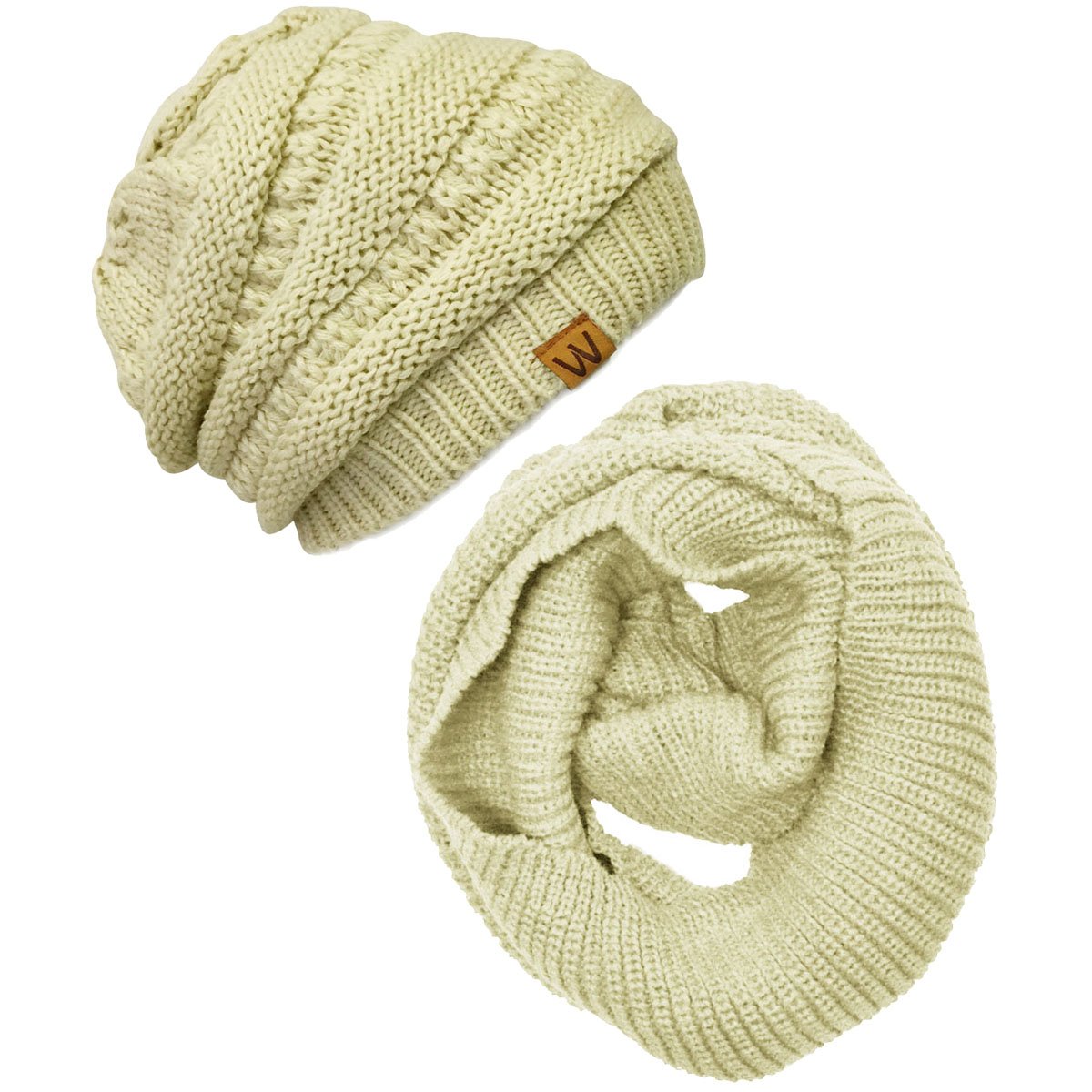 Two-piece winter warm-up knitted infinity scarf and brimless hat