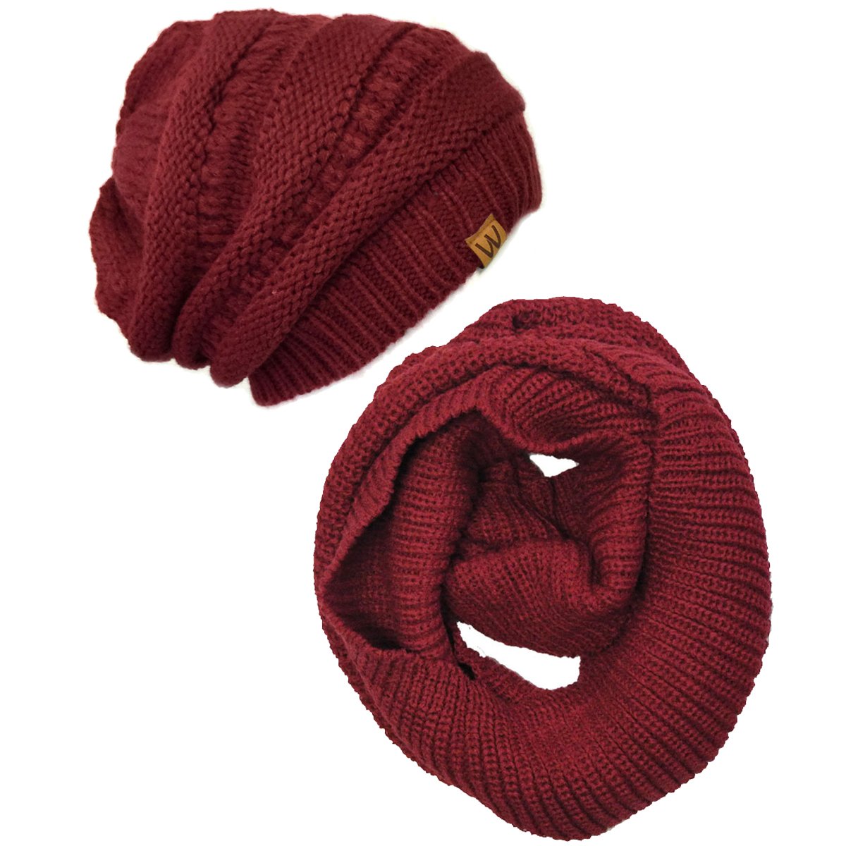 Two-piece winter warm-up knitted infinity scarf and brimless hat