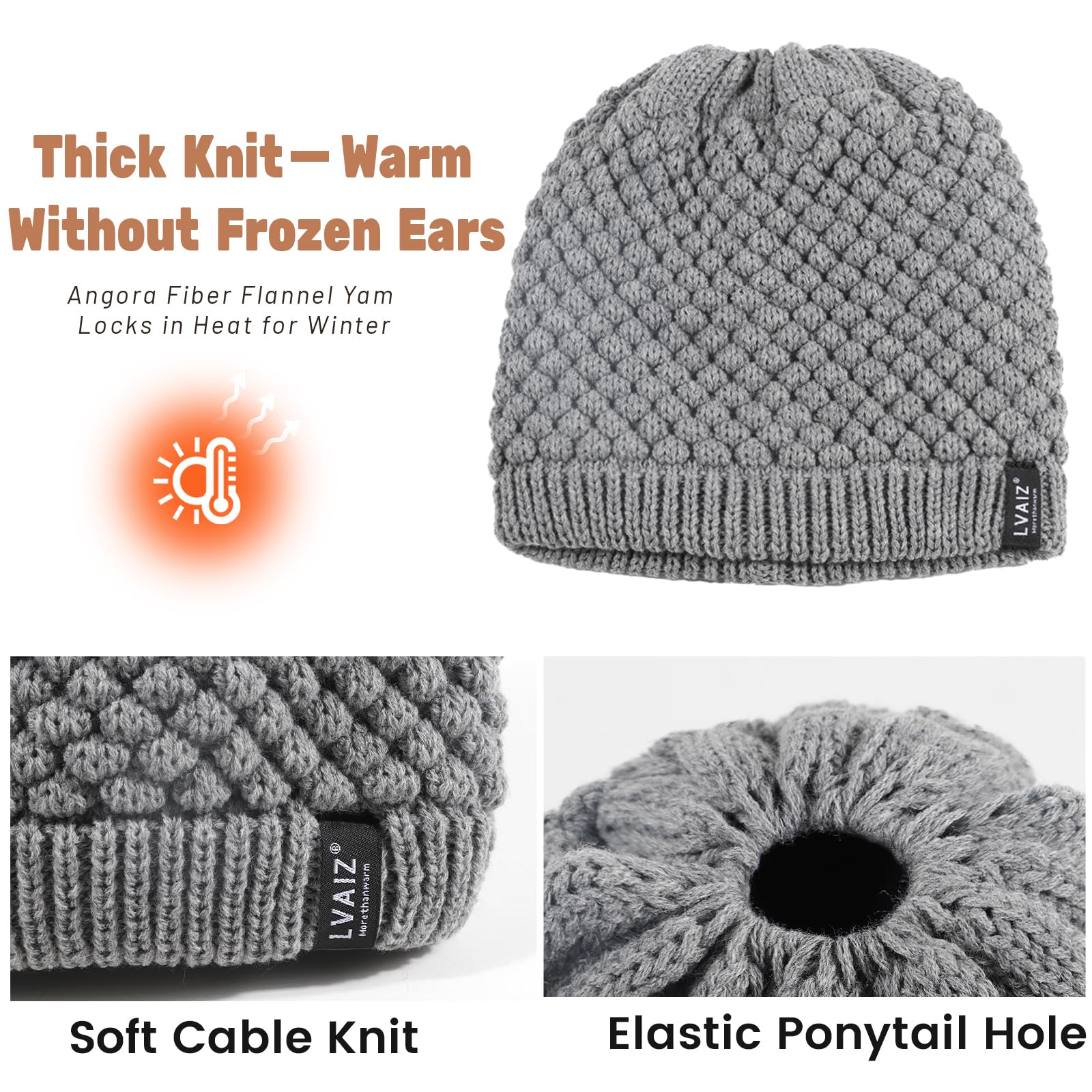 Hat with satin lining, ponytail, brimless hat, knitted winter hat, women's high messy round bun hat with ponytail hole, warm skullcap