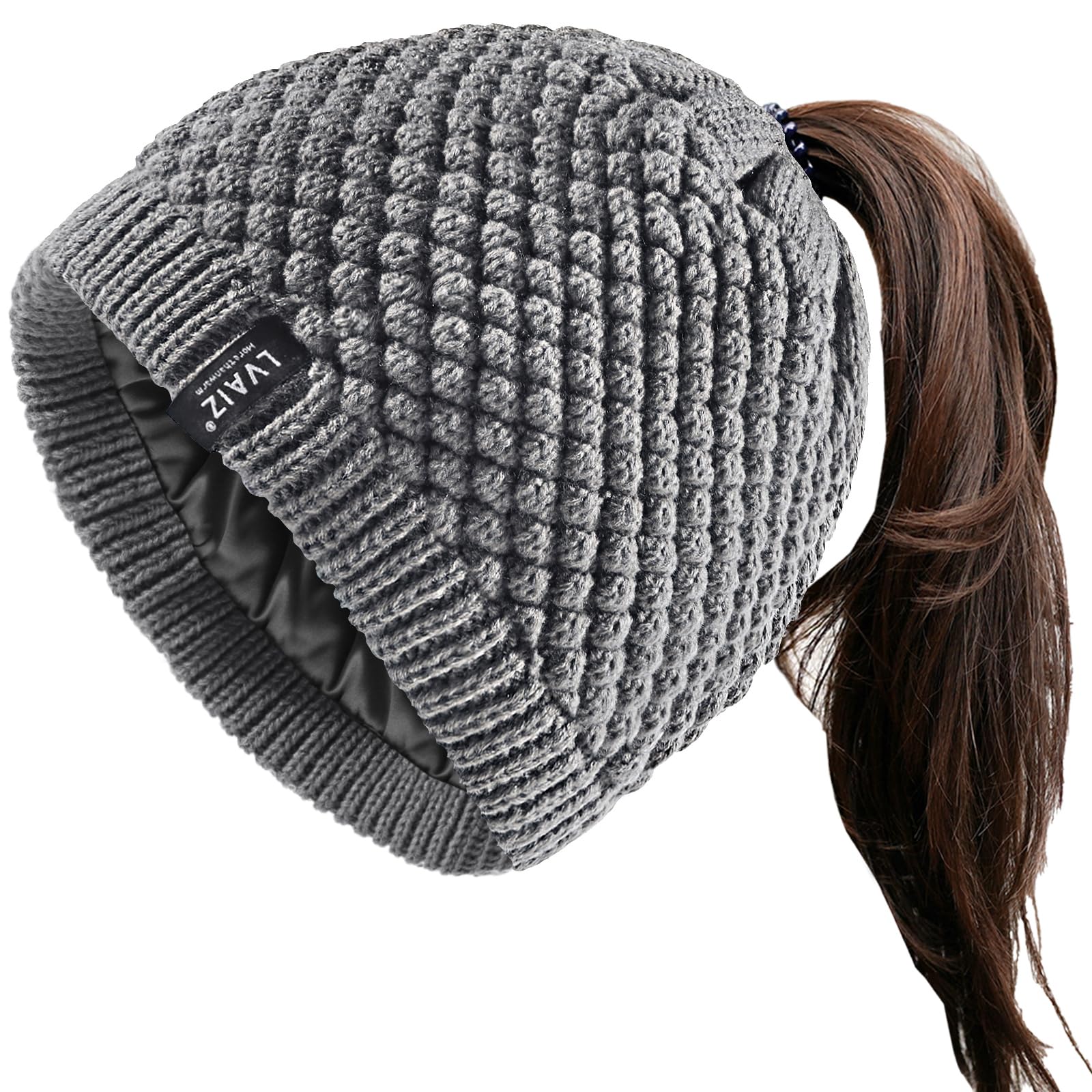 Hat with satin lining, ponytail, brimless hat, knitted winter hat, women's high messy round bun hat with ponytail hole, warm skullcap