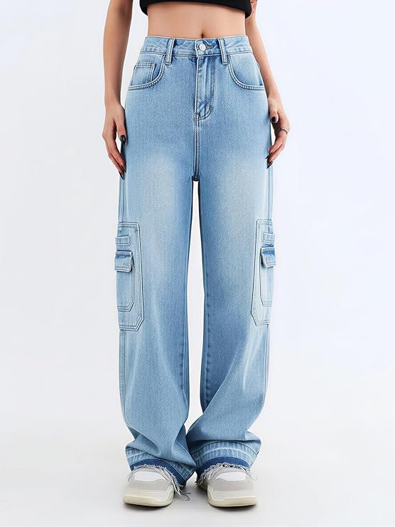 Cargo Pants Women Stretchy Wide Leg Baggy Jeans with Pockets Casual Trousers Y2K Vintage Streetwear Trendy