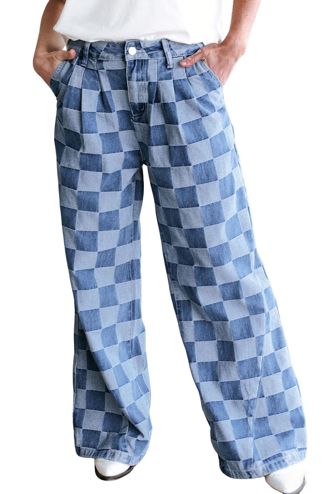 Women Baggy Checkered Pants Patterned Denim Wide Leg Jeans Plaid Printed High Waisted Gingham Jeans