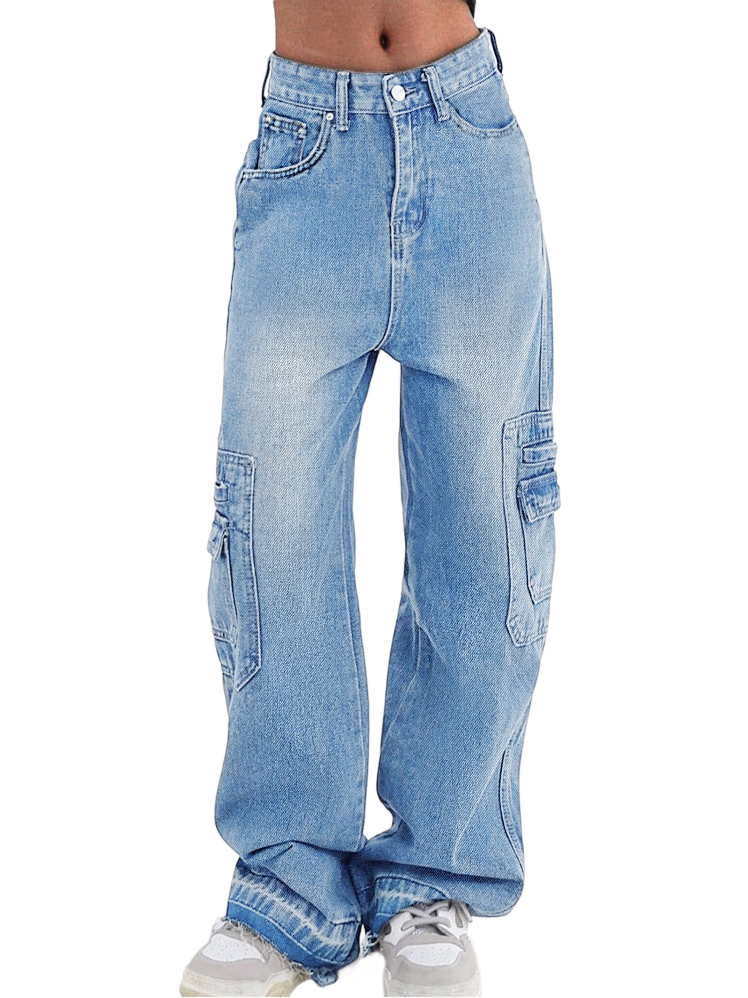 Cargo Pants Women Stretchy Wide Leg Baggy Jeans with Pockets Casual Trousers Y2K Vintage Streetwear Trendy