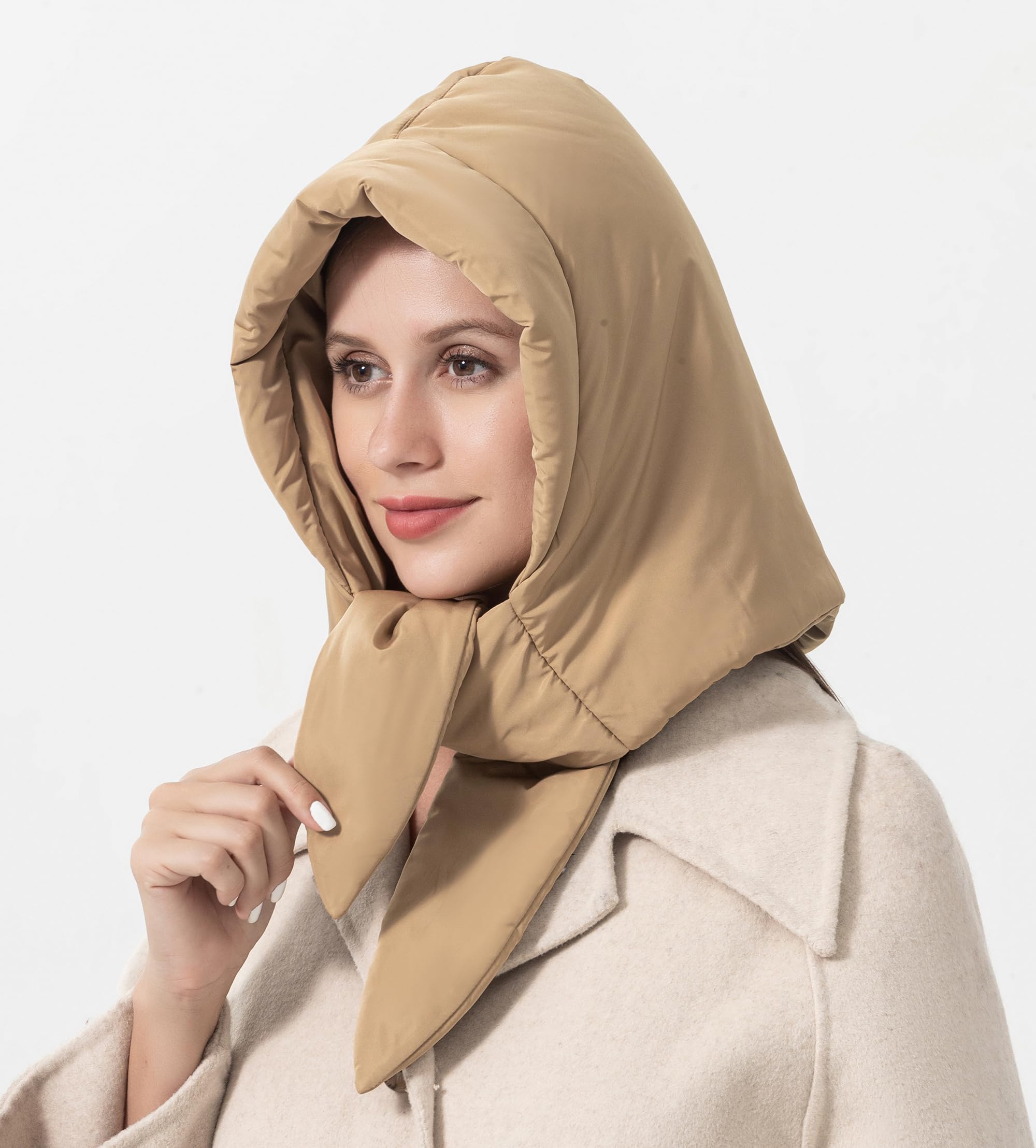 Women's winter down hat with windproof hood and soft warm scarf Balakrava skull cap without brim