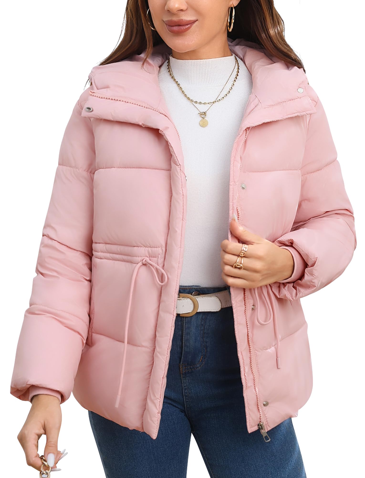 Women's Winter Jacket Short Warm Cotton Jacket Stand-Up Collar Drawstring Puffer Jacket with Hood Pockets