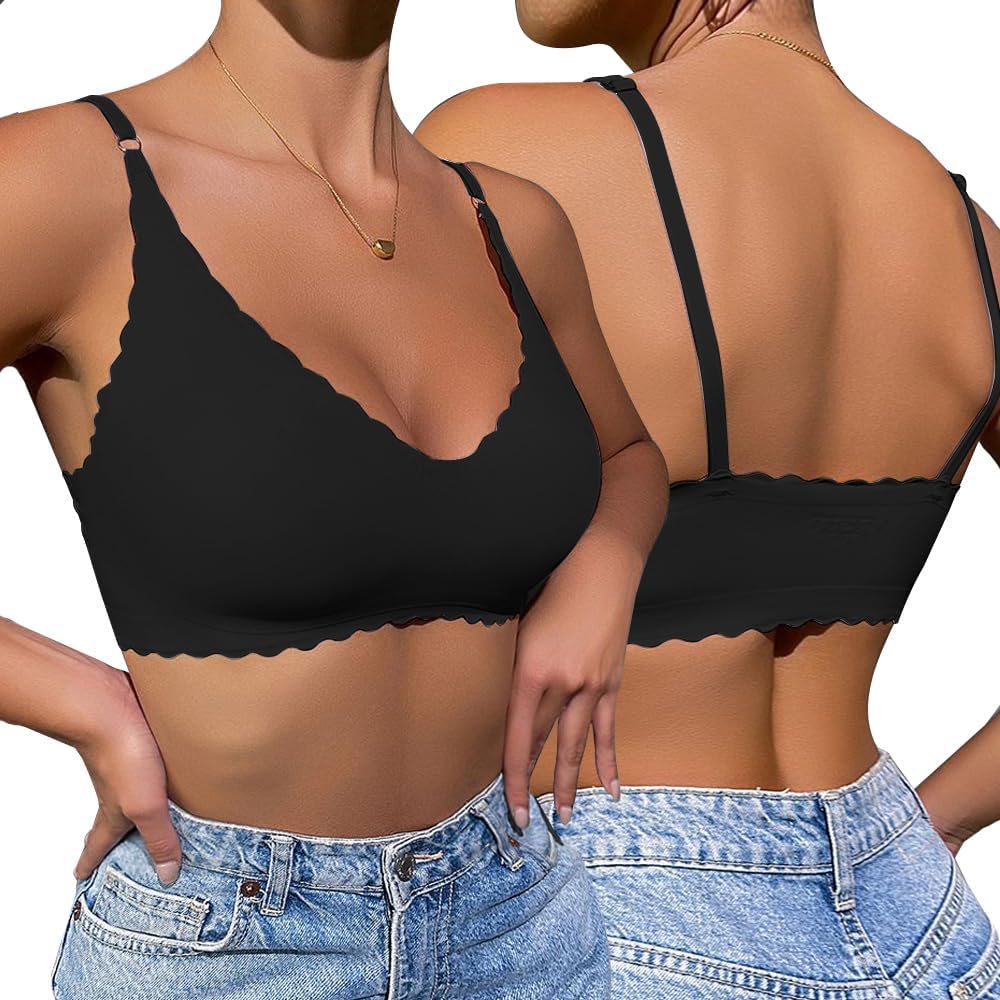 Women's Seamless Bra Non-Wired V-Neck Straps Bustier Strong Hold Push Up Seamless Soft Comfy Bra Minimiser Bralette for Everyday Use