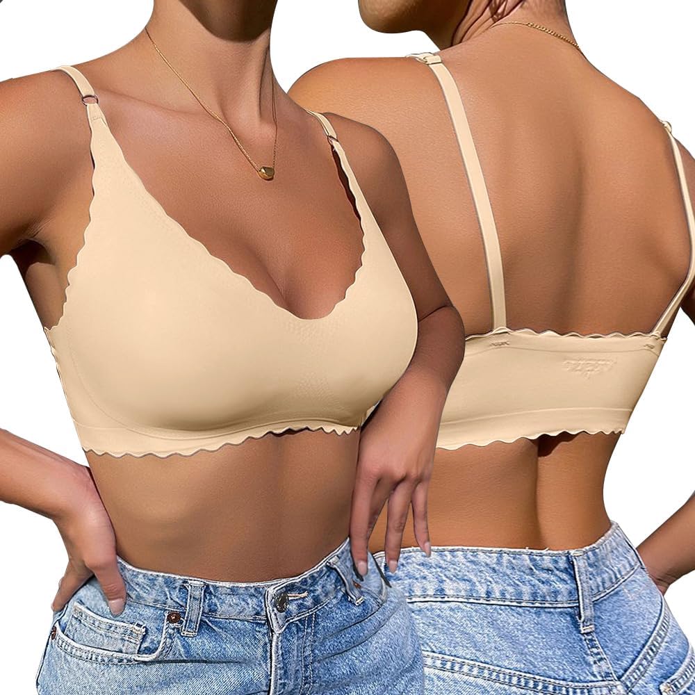 Women's Seamless Bra Non-Wired V-Neck Straps Bustier Strong Hold Push Up Seamless Soft Comfy Bra Minimiser Bralette for Everyday Use