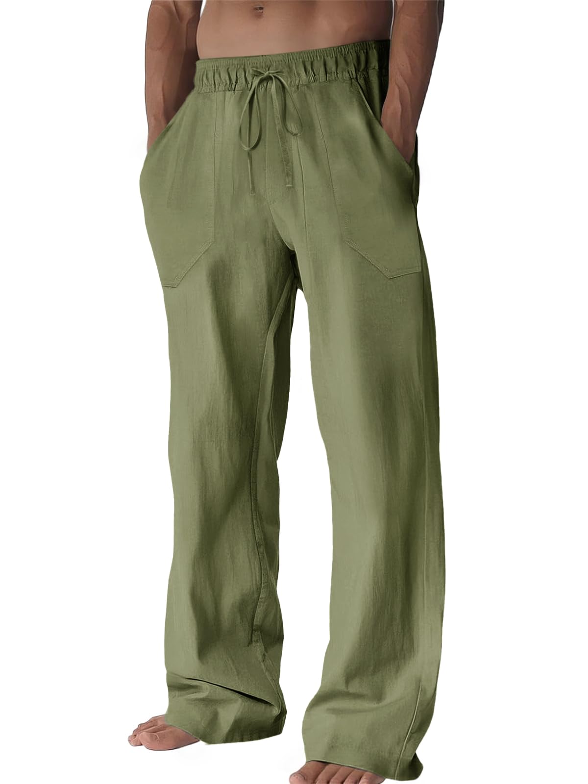 Mens Casual Pants Linen Drawstring Elastic Waist Loose Fit Straight Leg Pants Summer Beach V