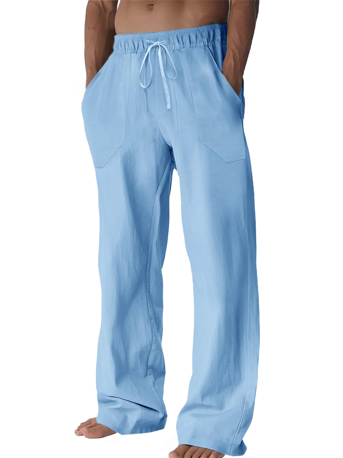 Mens Casual Pants Linen Drawstring Elastic Waist Loose Fit Straight Leg Pants Summer Beach V