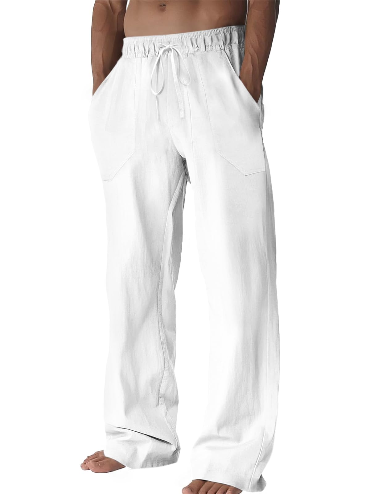Mens Casual Pants Linen Drawstring Elastic Waist Loose Fit Straight Leg Pants Summer Beach V