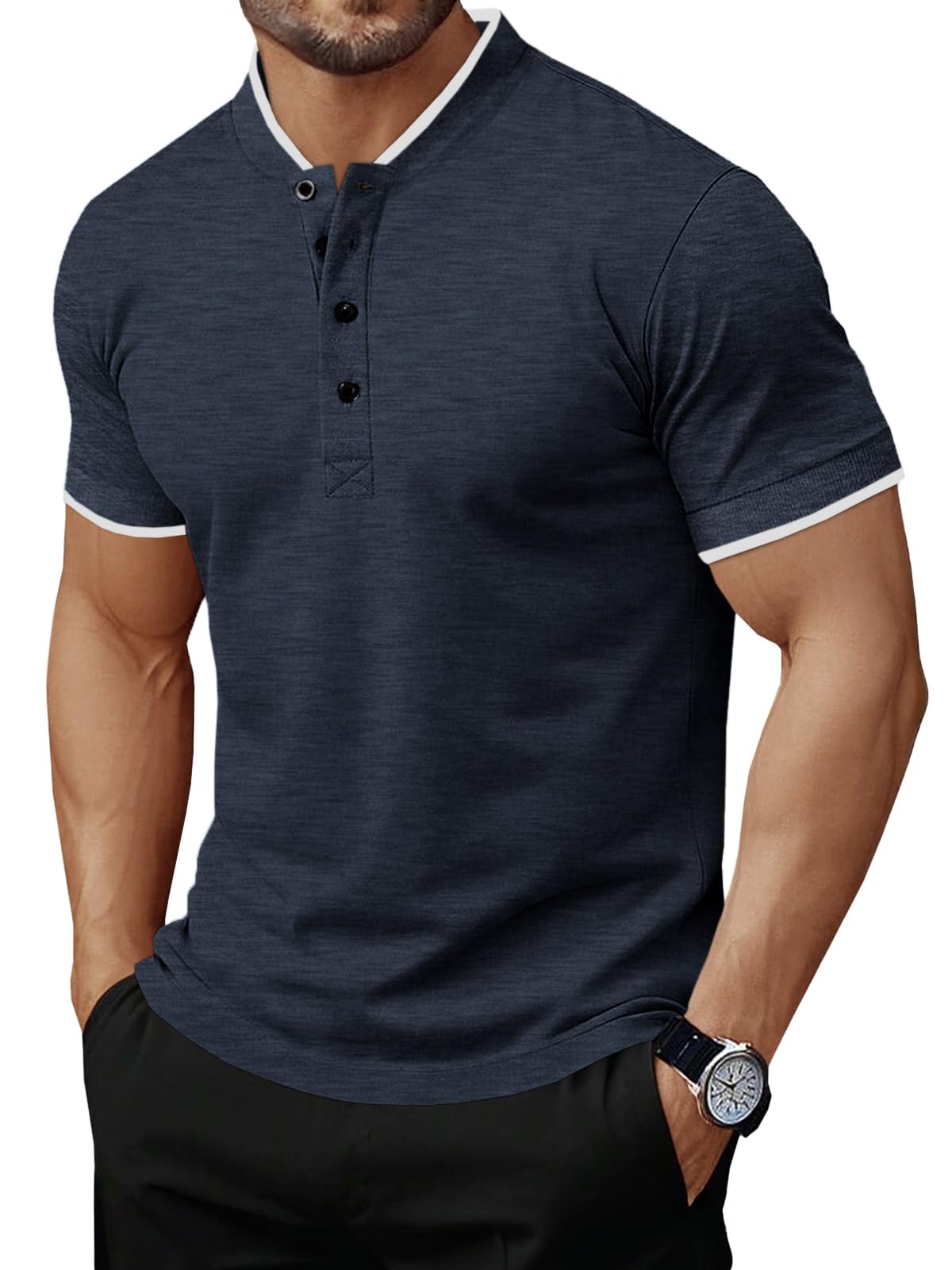 Mens Henley Shirts Short Sleeve Casual Polo Shirts Summer Business Workout Golf T- Shirts
