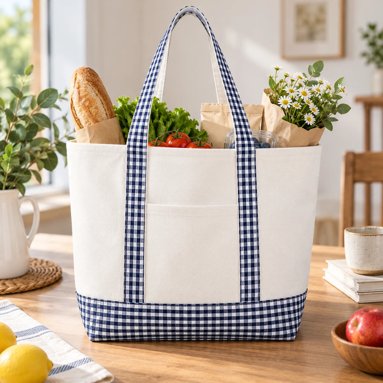 Canvas Tote with Checkered Handles — product view