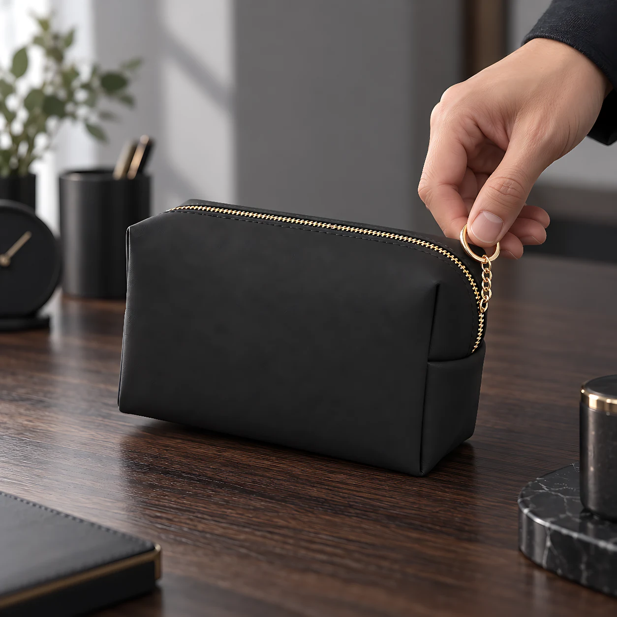 PU Cosmetic Pouch with Ring Detail — product view
