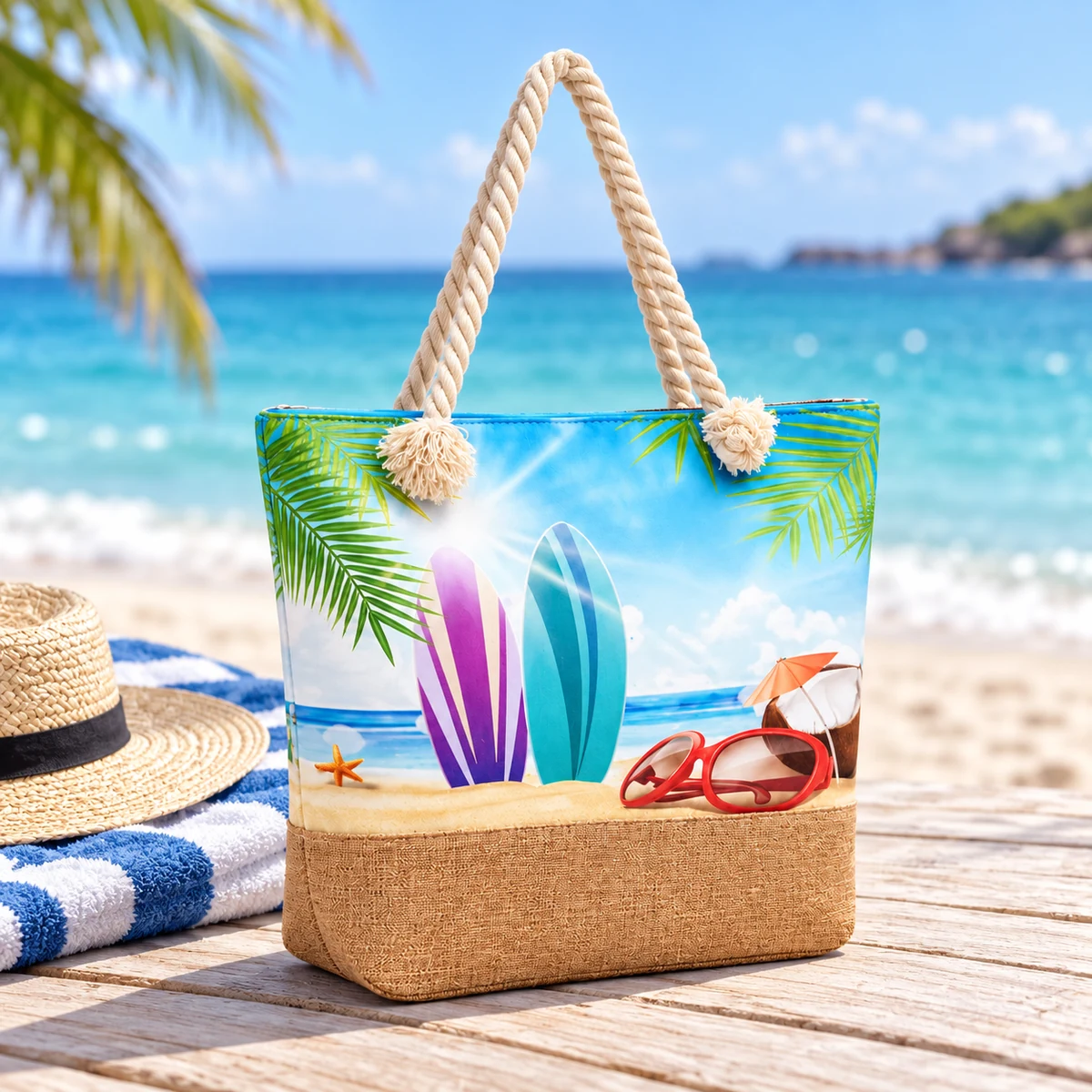 Printed Beach Tote with Rope Handles